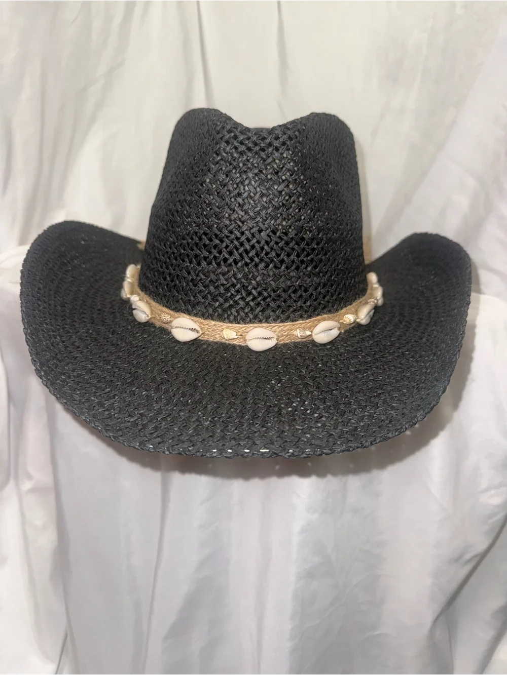Black Straw Cowboy Hat with Shell Band - Unbranded